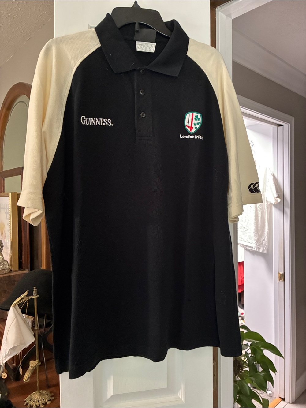 Guinness Black Polo with Cream Raglan Sleeves and London Irish Crest size L